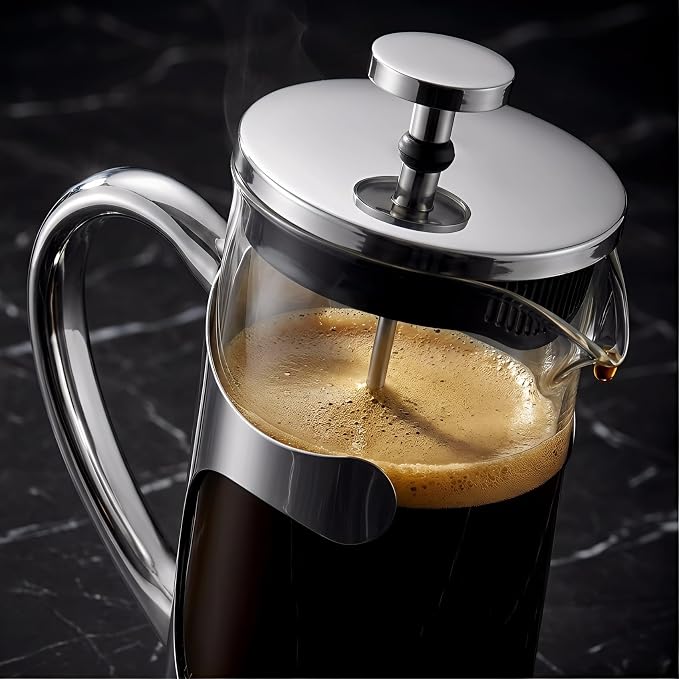 Stainless Steel French Press Coffee Maker 1L, 34oz Heat Resistant Borosilicate Glass Coffee Press with Coffee Measuring Spoon, Manual Brewer for Coffee and Tea