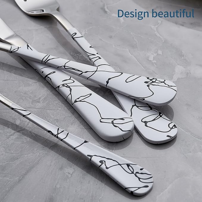 20-Piece White Silverware Set with White Handle 18/0 Stainless Steel Flatware Marbling Handle Cutlery Black Service for 4 Dinner Knives Forks Spoons Set Finish Dishwasher Safe