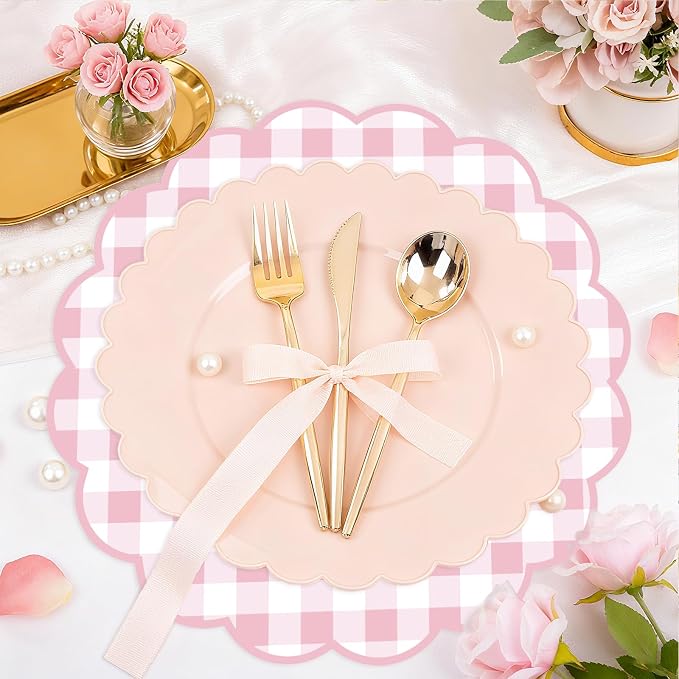 50Pcs Checkered Paper Placemats Pink Gingham Place Mats 13.5 Inch Scalloped Checkered Place Mats Disposable Table Placemats for Table Setting BBQ Baby Shower Wedding Bridal Banquet Tea Party