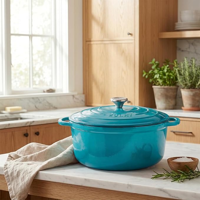 Zulay Kitchen 7.7 Quart Enameled Cast Iron Dutch Oven Pot with Lid – Premium Durability & Oven Safe up to 500°F – Heavy Duty Cookware Perfect for Bread Baking, Stews, Braising & Roasting – Light Blue