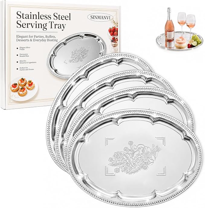 4 Pack Silver Serving Trays Set, Serving Trays for Party | Floral Pattern Engraved Mirror Tray, Tableware Platters for Whiskey, Cookies,Snacks, Desserts, Party Food Display