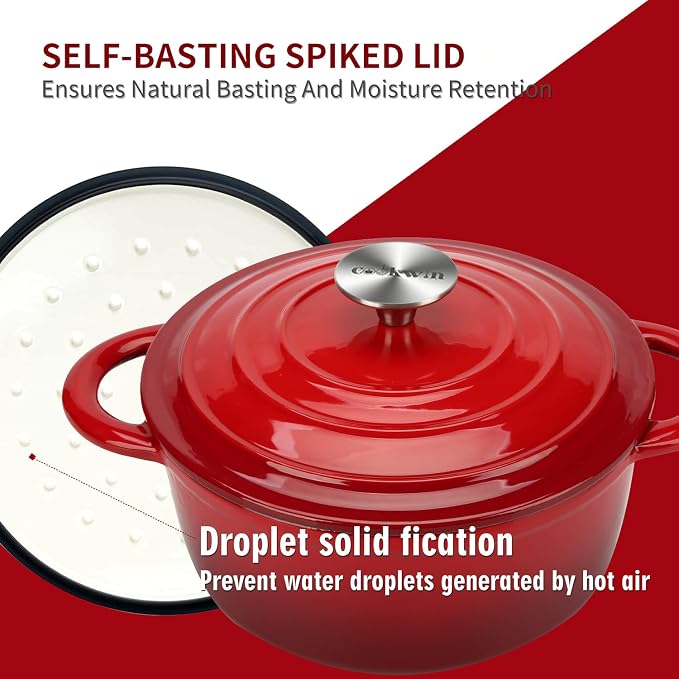 Enameled Cast Iron Dutch Oven, 4.5QT Heavy Duty Cooking Pot with Lid, Oven Safe up to 500° F for Sourdough Bread Baking, Braising, Stew, Family And Friends Best Gifts, Red