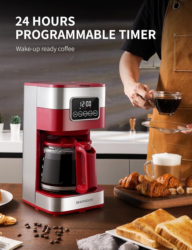 SHARDOR 10-Cup Programmable Coffee Maker, Regular & Strong Brew Drip Coffee Machine for Home and Office, Auto Shut Off, Permanent Filter (red)