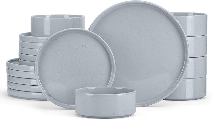 E-far Dinnerware Sets for 6, 18-Piece Stoneware Plates and Bowls Set, Gray | Modern Kitchen Dining Dishware, Chip and Scratch Resistant, Microwave & Dishwasher Safe, Speckled Gray