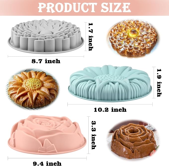 3 Pack Flower Shape Silicone Cake Molds, Large Round Silicone Molds for Baking Cake, Breads, Pies, Tarts (Rose, Chrysanthemum, Sunflower)