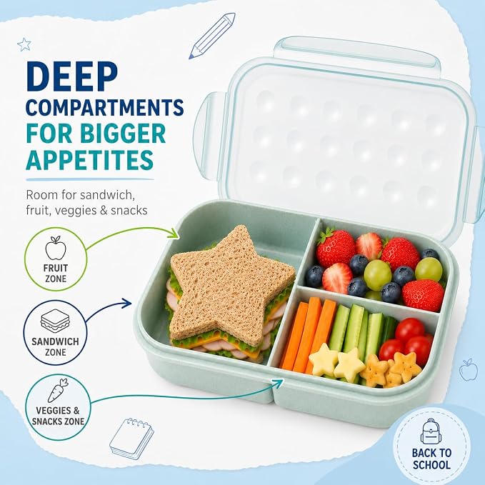 MISS BIG® Bento Lunch Box for Kids, 1150ml, 3 Compartments, Slate Blue | Slate blue 1150ml kids lunch box for school, daycare, snacks, light meals, picnic, and travel.