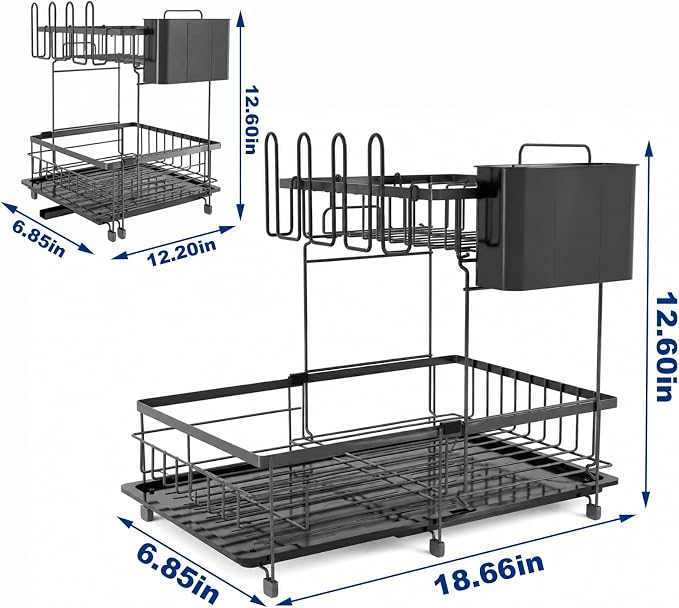 2 Tier Foldable Expandable Double Dish Drying Rack with Utensil Holder & Phone Holder, Over Sink Large Capacity Countertop Dish Dryer Organizer for Kitchen