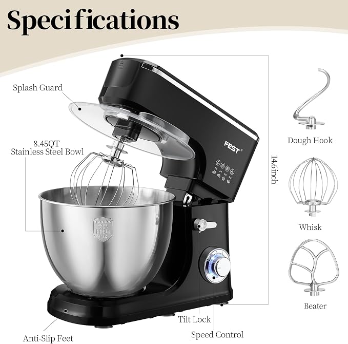 FEST 8.45QT Electric Kitchen Stand Mixer with 6 Speeds and 1500W Motor | Large mixing bowl, dough hook, whisk, beater and removable splash shield for bread, cakes, cookies, whipping and home baking