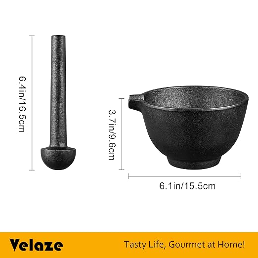 Velaze Cast Iron Mortar and Pestle Set,3 Cup Capacity | 6.5 Inch Pestle,27 oz Molcajete,Pour Spout Design,Spice Grinder,Smasher for Pesto,Herbs,Seasonings,Homemade Recipes,Pills