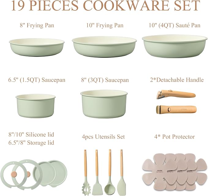 CAROTE 19pcs Pots and Pans Set Non Stick, Detachable Handle Cookware | Kitchen Cooking Sets, Space Saving, Dishwasher & Oven Safe, Non-Toxic, for Camping/RV/Traveling, Sage Green