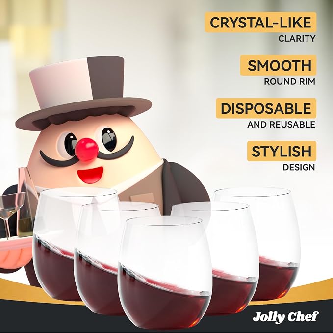JOLLY CHEF 24 Pack 12oz Plastic Wine Glasses Stemless, Disposable Wine Cups | Shatterproof, Unbreakable, Crystal, Stemless Plastic Wine Cups for Party, Halloween, Thanksgiving, Christmas