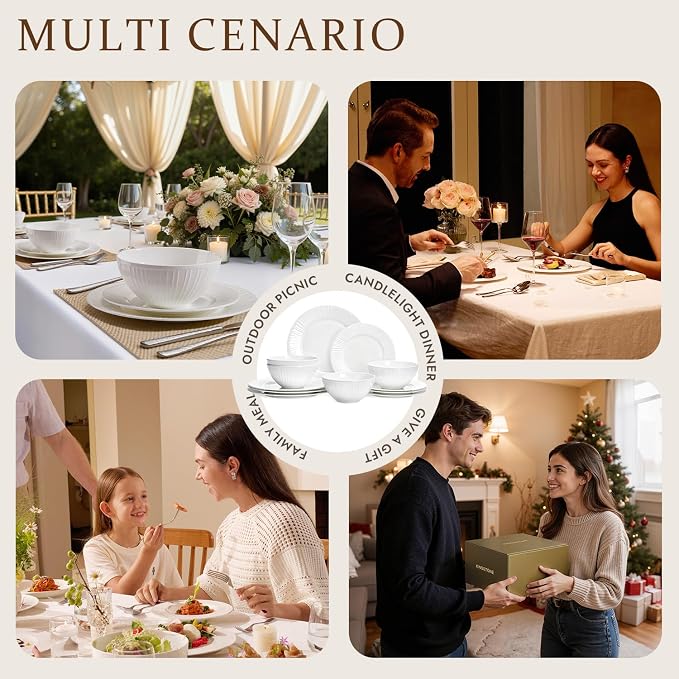 24Pc Textured White Bone China Set Service for 8 | Lightweight porcelain plate & bowl set. Microwave & dishwasher safe for daily family meals, restaurants, or gifting.