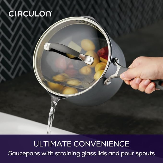 Circulon A1 Series w/ ScratchDefense Nonstick Induction Straining Sauce Pan with Lid, 3-Quart, Saucepan with Pour Spout, Graphite