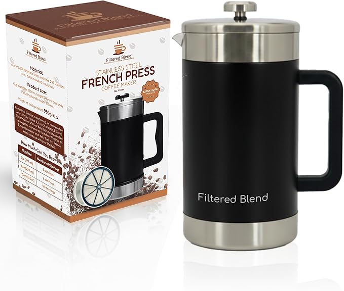 54 oz French Press Coffee Maker, Stainless Steel, Double Filter, Black | 54 oz Capacity, French Press Coffee Maker, Stainless Steel, Double Mesh Filter, Hot & Cold Brewer, Travel Friendly, Black