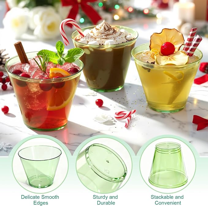 Glowserve 9 OZ Green Disposable Plastic Cups Cocktail Cup 50 Pack | Fancy Cocktail Cup,Stemless Wine Glass,Wedding Wine Glasses,Graduation Birthday,Party Essentials
