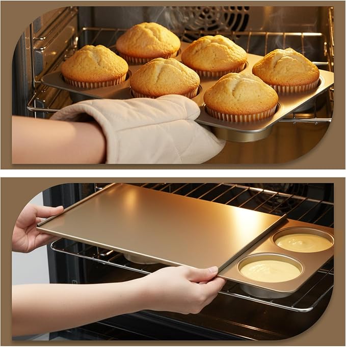 6 Cup Straight Side Jumbo English Muffin Cupcake Pan with Lid, 2 Set Nonstick Hamburger Bun Pan, Nonstick Baking Tin Tray Mold for Baking Burger Buns Roll Focaccia Quiche Pancake,Gold