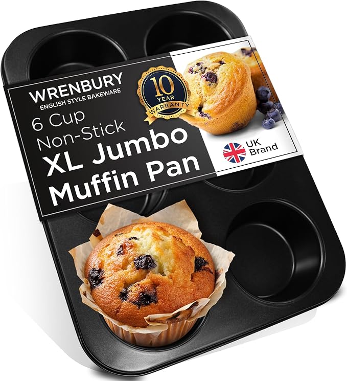 Wrenbury Jumbo Muffin Pan 4" Cup - Nonstick XL Deep Muffin Pan for Baking | 6 Cup - Oversized Extra Large Cupcake Mold - Dishwasher Safe - PTFE Free - 446°F Oven Safe