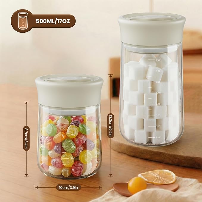 Airtight Glass Storage Jar 16 oz, Easy Open 1/4-Turn Lid Coffee Container | Easy-Open Quarter-Turn Lid, Airtight, Food Grade, Transparency, with Scale