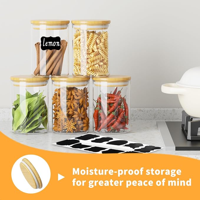 6Pcs 18oz Glass Storage Jars, Airtight Bamboo Lid Containers With Labels | Moisture Block Seal, Clear Visible Body, Moderate Volume, Cabinet Space Saving, Quick Category Marking