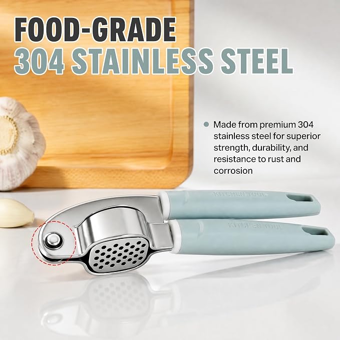 Garlic Press Stainless Steel, Easy-Squeeze Garlic Mincer with Ergonomic Handle, No Need to Peel, Large Capacity Crusher, Heavy Duty, Rustproof & Dishwasher Safe