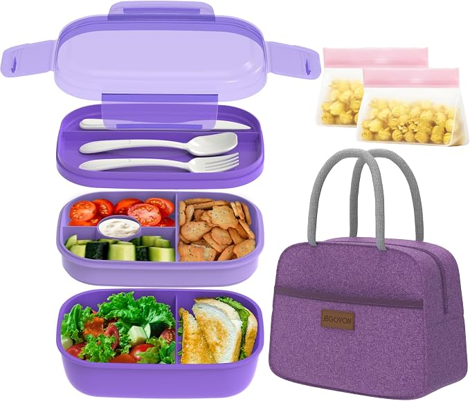 JBGOYON Leakproof Bento Box & Insulated Lunch Bag Set, 4-Piece, Purple | 6-hour thermal retention, includes nested knife fork spoon, 2 reusable snack pouches, designed for adults and kids