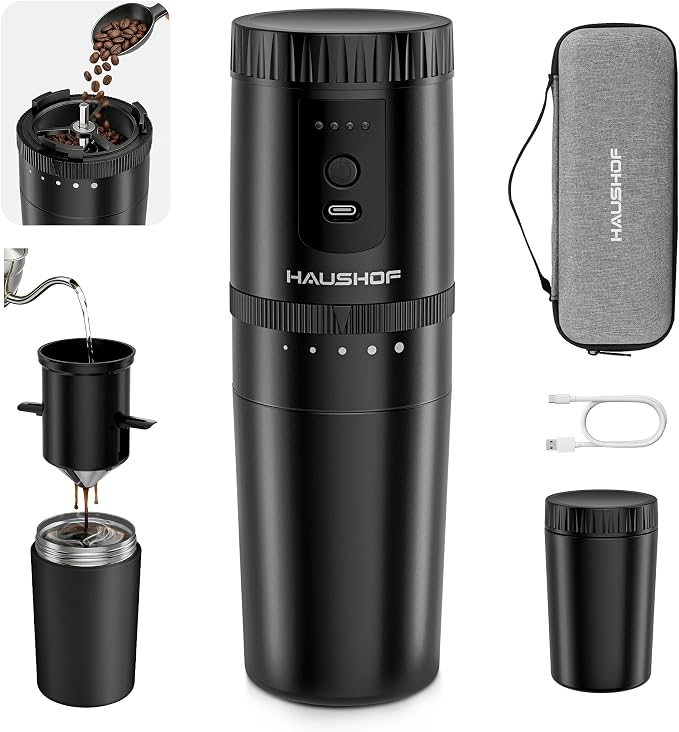 HAUSHOF Travel Coffee Maker,Coffee Grinder for Home,Camping | Hot & Cold Insulation;5 Adjustable Grind Levels;Grind & Brew in One;Portable Cordless Design