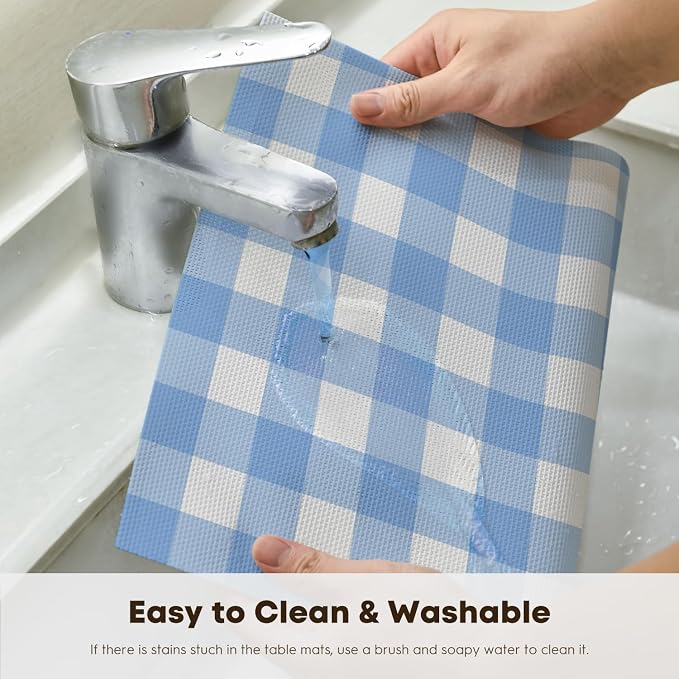 Artoid Mode Buffalo Plaid Vinyl Placemats Set of 4, 12x18 Inch Washable Non-Slip Heat Resistant Plastic Place Mats for Party Dining Table, Blue/White