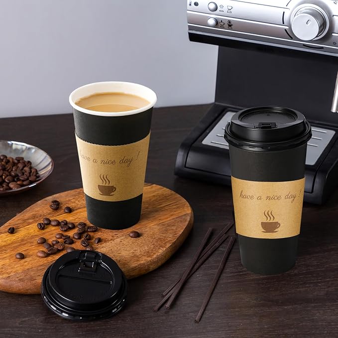 Lamosi 20 oz Coffee Cups 50 Pack, Disposable To Go Paper Cups with Lid | Hot Insulated Cups with Lids, Stir Sticks and Sleeves for Cold Drinks, Tea and Latte, Cafe, Travel and Home Use