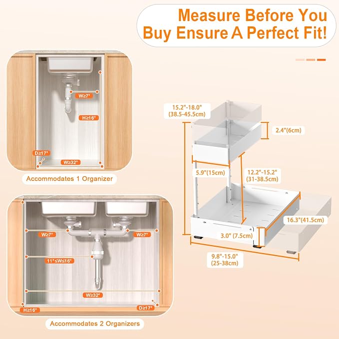 YJHome 2 Pack Expandable Under Sink Organizer, 2 Tier Pull Out Cabinet Organizer with Smooth Ball Bearing Slides, Adjustable Height Cabinet Storage Shelves for Kitchen, Bathroom, Laundry, Pantry