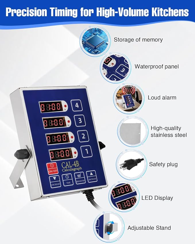 Commercial Kitchen Timer for Cooking, 4 Channel Timer Restaurant Kitchen Supplies, Heavy-Duty Timer - Stainless Steel | Digital LED Technology | Reminder Function | Loud Alarm