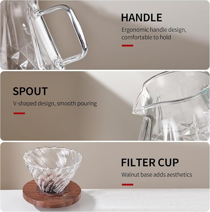 Bincoo Pour Over Coffee Maker&Dripper, Style Cone Filter + 600ml Glass Coffee Server, Manual Coffee Brewer Set, Reusable Coffee Filter Holder, Great Gift for Coffee Enthusiasts