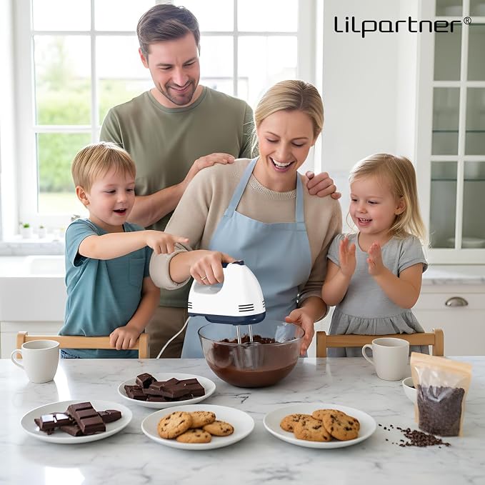 LILPARTNER Electric Hand Mixer with Storage Box, Ultra Power Kitchen Hand Mixer With 7-Speed & 5 Stainless Steel Accessories for Whipping Dough, Cream, Cake, Dishwasher Safe, WHITE BOX