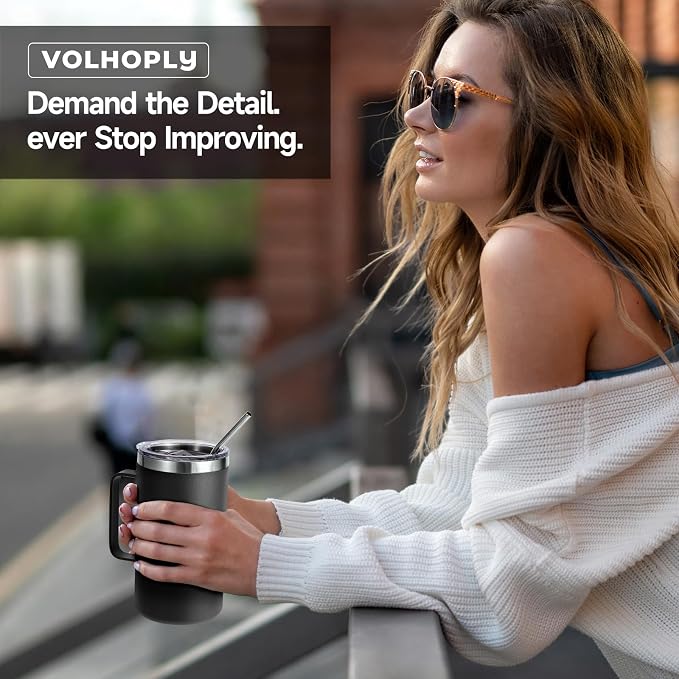 Volhoply 22oz Insulated Stainless Steel Coffee Mugs with Leakproof Lid Bulk 2 Pack,Double Wall Vacuum Travel Coffee Cup with Handle,Reusable Metal Tumbler,Camping Mug Keep Hot&Cold(Black,2)