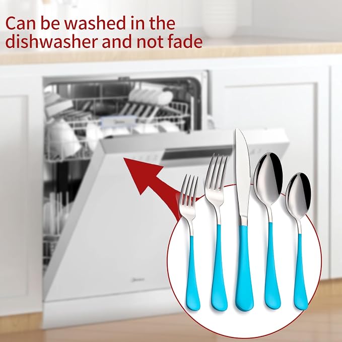 20-Piece Blue Silverware Set 18/0 Stainless Steel Flatware Blue Handle Cutlery Set Service for 4 Dinner Knives Forks Spoons Set Mirror Finish Dishwasher Safe