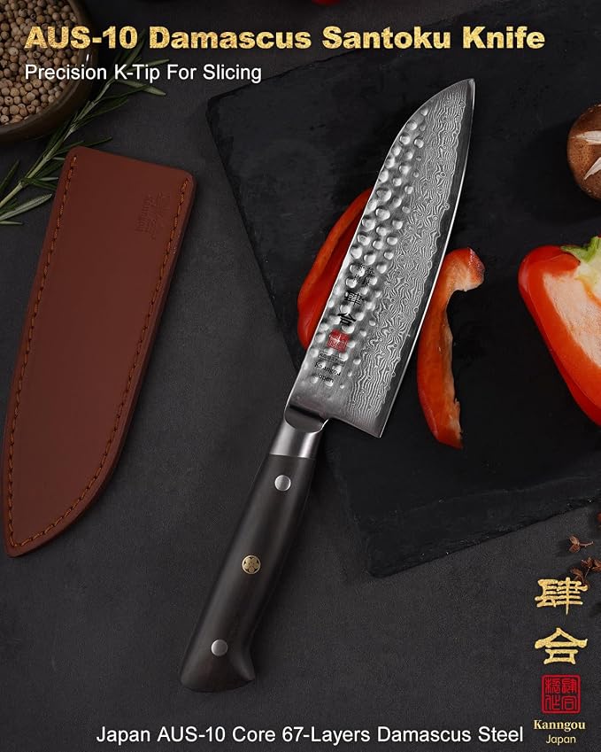 Japanese Chef Knife Kitchen Knife with 67 Layers Damascus Steel AUS-10 Core, Professional Damascus Knife with Full-Tang Ebony Wood Handle and Premium Gift Box (7 Inch Santoku Chefs Knife)