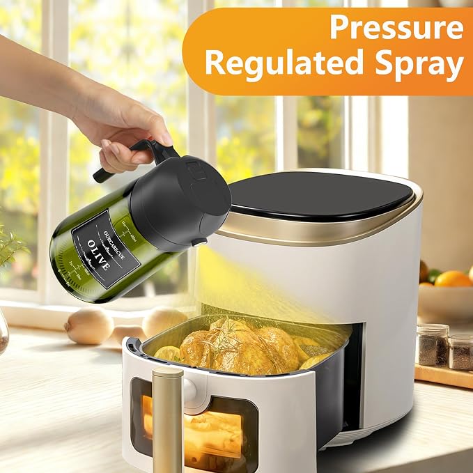 Olive Oil Sprayer & Dispenser for Cooking, 16oz Dark Glass Oil Mister, 2PC | 2-in-1 Oil Sprayer & Pourer, Fine mist, Light-Blocking, Wide Mouth, Easy Refill & Clean, 8 Oil Labels, Reusable, with Scale