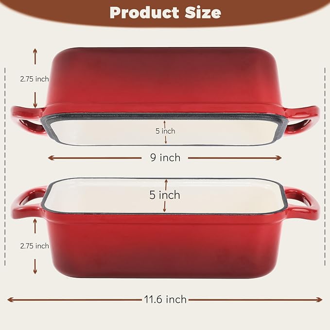 Cast Iron Loaf Pan with Lid, 9x5 Loaf Pans for Homemade Bread | Cast Iron Bread Pan for Sourdough Baking, 9x5 Loaf Pan with 2-In-1 Design, Even Heat Distribution, Red Enameled