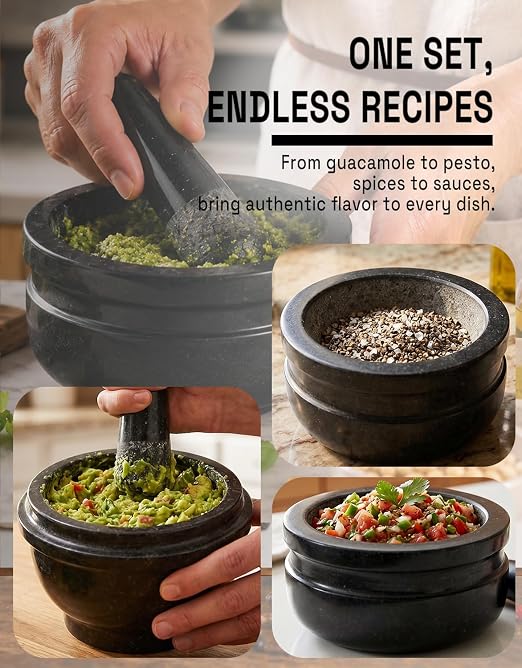HITROCK Granite Mortar and Pestle 2 Sets, 6 Inch Heavy Duty Stone Grinder Bowl with Silicone Anti-Slip Base & Handle Protector, for Guacamole, Salsa, Pesto, Spices, 2.3 Cup & 3.2 Cup Capacity, Black