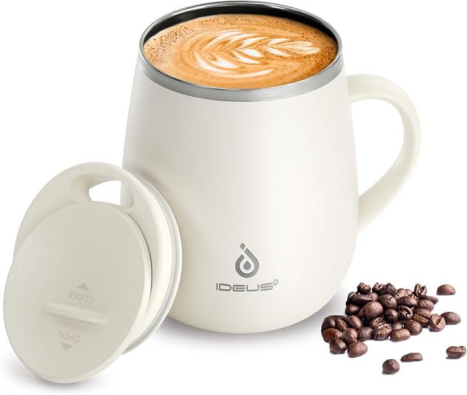 Ideus 16 oz Insulated Coffee Mug with Handle and Lid, Double Wall Stainless Steel Vacuum Thermal Coffee Mug, Travel Coffee Cup Thermal Cup for Home and Office, White