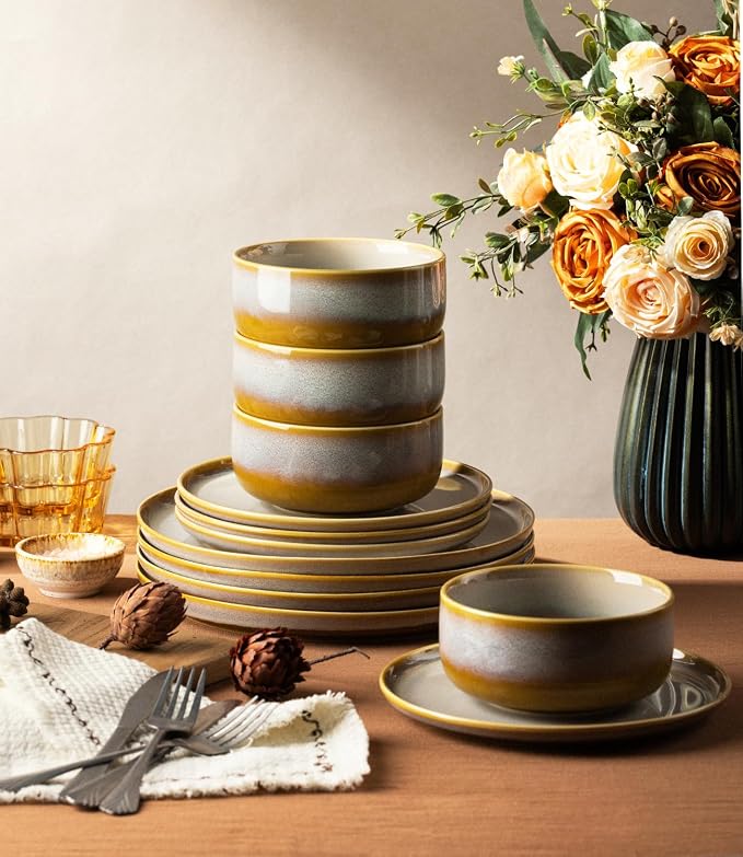 Ceramic Dinnerware Set for 8, 24-Piece Plates and Bowls Set | Handmade Reactive Glaze Dish Set, Scratch Resistant, Oven & Microwave & Dishwasher Safe, Autumn Haze