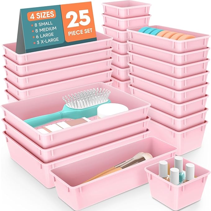 SpaceHacks 25 PCS Plastic Drawer Organizer, 4-Size Versatile Organizer Trays & storage Bins