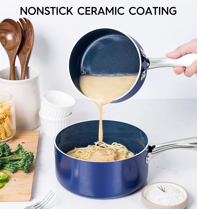 MICHELANGELO 1 Quart Saucepan with Lid, Nonstick Ceramic Sauce Pan with Stainless Steel Handle, 1 Qt Saucepan with Lid Oven Safe, Blue