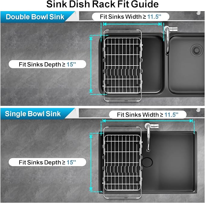 Dish Drying Rack Over the Sink - Expandable Stainless Steel Drainer | Twist-Lock Adjustable Handle, Cup Hooks, Utensil Holder, Compact Design for Apartments, RVs & Small Kitchens, Rust-Resistant