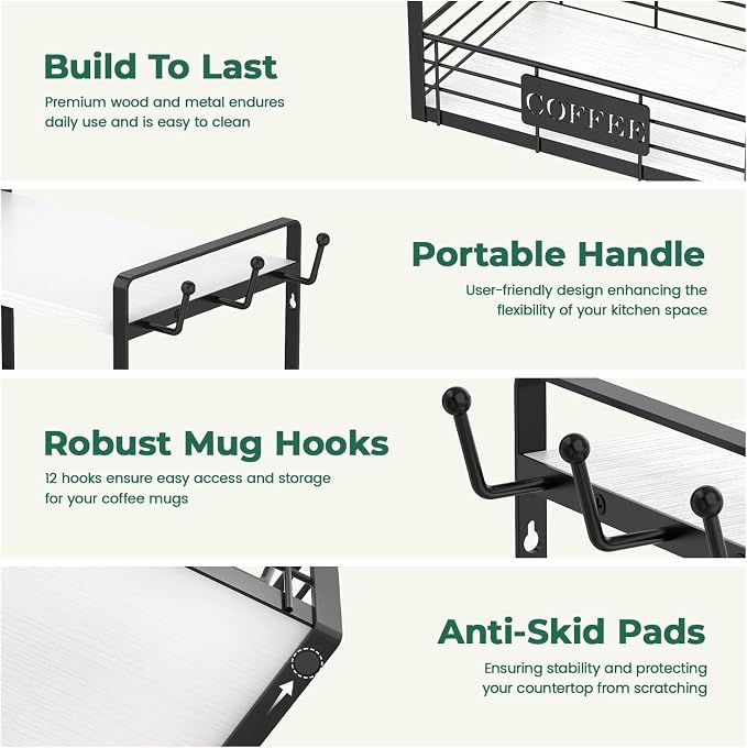 EsLuker.ly Coffee Mug Cup Holder Tree Bar Station Organizer, 2 Tier White | Mug Stand Rack for Countertop Kitchen, Storage Tower Display Shelf with 12 Hooks, Coffee Nook Enhancer