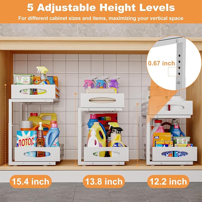 Under Sink Organizer, 2 Tier Under Sink Organizers and Storage, Adjustable Height, Slide out Metal Cabinet Organizers, Pull out Cabinet Storage Drawer Shelf for Kitchen Bathroom (White, 2 Pack)
