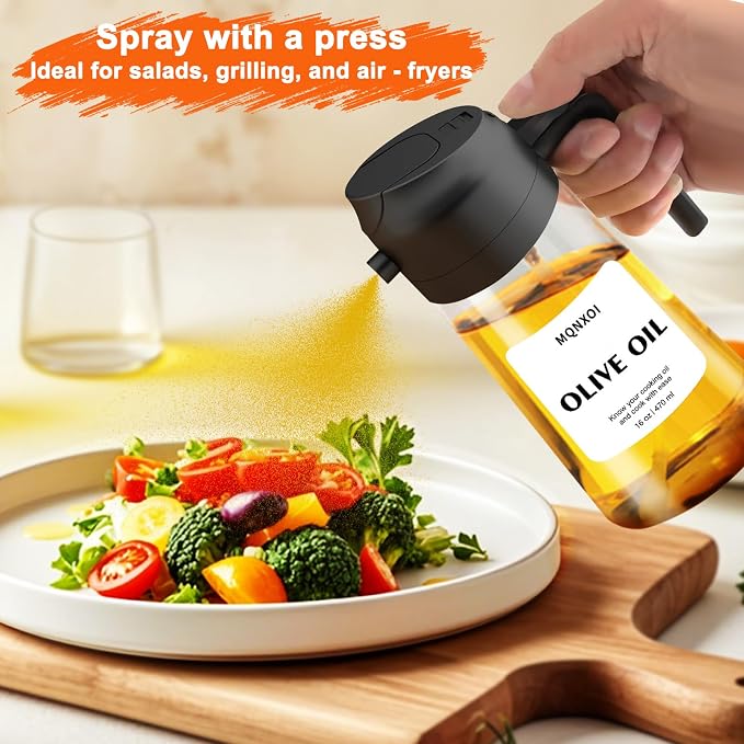 Olive Oil Sprayer for Cooking, 16oz Glass 2 in 1 Oil Dispenser Bottle | Light Blocking, BPA-Free Food Grade, Fine Mist Precise Control, Air Fryer BBQ Salad, Leakproof Anti-Clog, Pre-Printed Labels