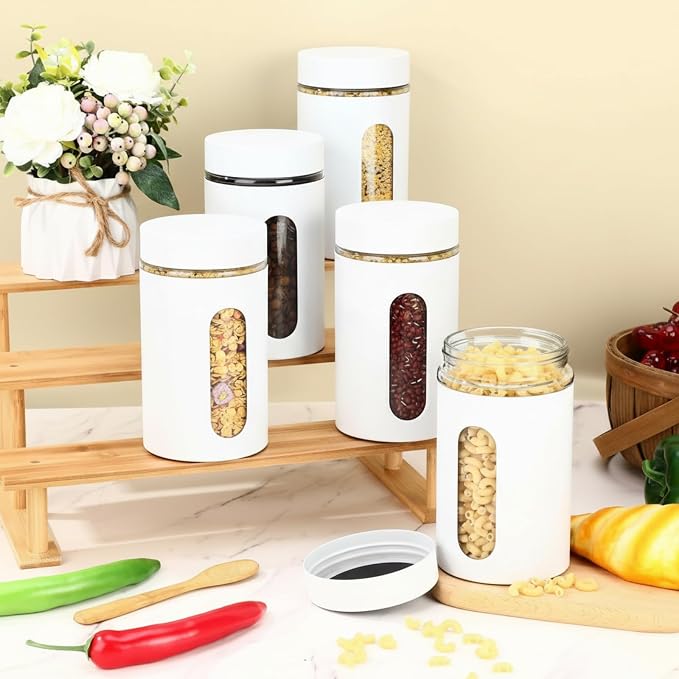 6 Pack Kitchen Canisters Set Airtight Coffee Sugar Tea Storage Jars with Window Glass Stainless Steel Containers with Lids for Flour Cookies Spices Grains Kitchen Decorations(White,32 oz)