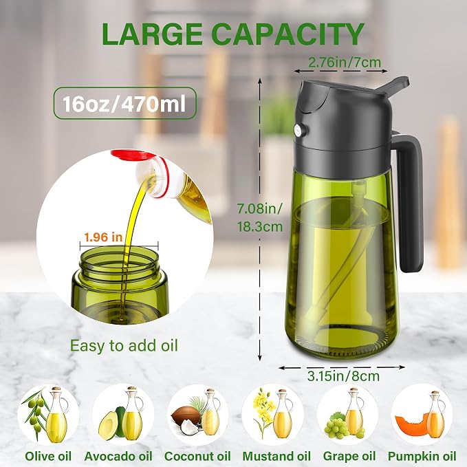Vakoo 2 in 1 Oil Sprayer and Oil Dispenser for Kitchen - 16oz/470ml Light-Blocking Dark Glass Olive Oil Spray Bottle for Cooking, Air Fryer, Salad & BBQ (Black&Green)