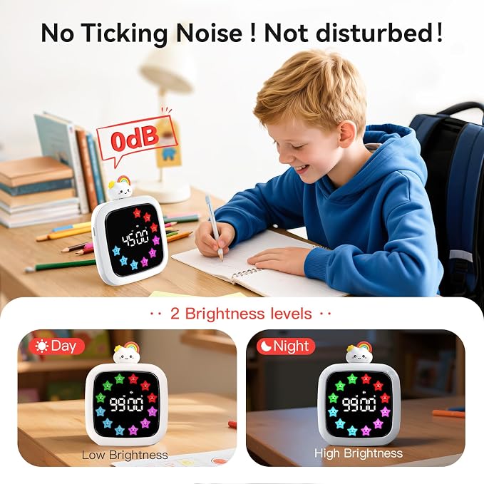Digital Visual Timer for Kids, 99-Minute Countdown, Rechargeable | 19 Music Alarm, Pause Function, 9 Optional DIY Color Star Display, Rainbow Doll, for Study, Homeschool, Kitchen