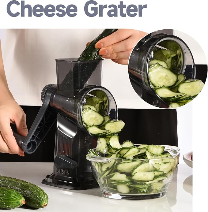 Rotary Cheese Grater with Handle Kitchen Shredder Slicer Grater Slicer Ice Shaver Cheese Vegetable Nuts Potato Zucchini Chocolate 3 Interchangeable Blades (Dark Grey TSP)